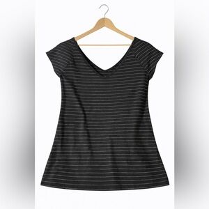 Old Navy Black and Gray Striped V-Neck Tee